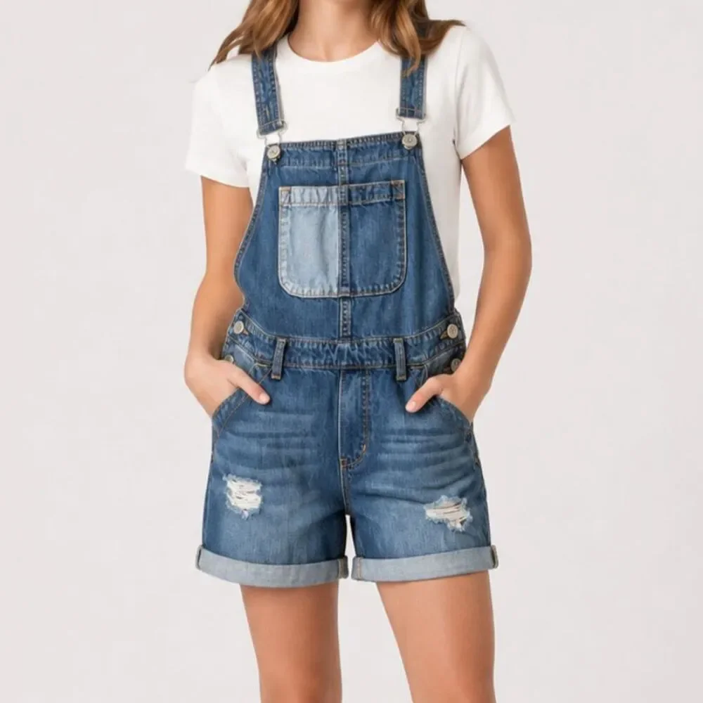 Gap Kids XXL 14 Distressed Denim Short Overalls Bib Shorts Adjustable Straps #14